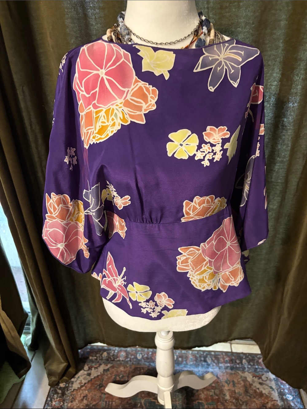 Anna Sui Purple Floral Peplum Blouse with Pink and Yellow Prints